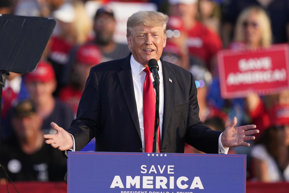 FILE - Former President Donald Trump speaks at a rally at the Lorain County Fairgrounds in Wellington, Ohio, on June 26, 2021. (AP Photo/Tony Dejak, File)