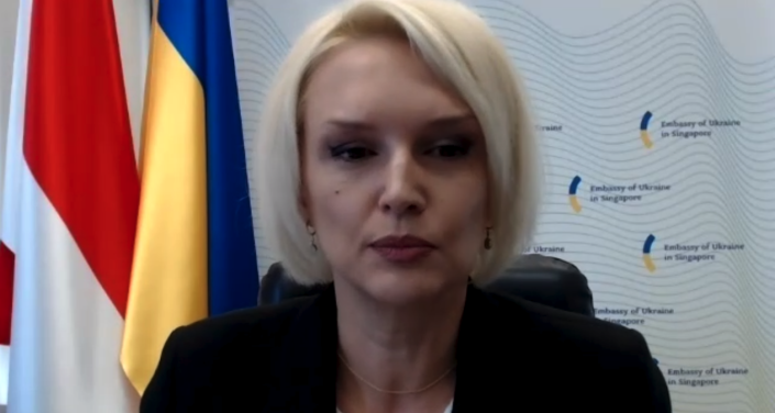 Ukraine's ambassador to Singapore Kateryna Zelenko addresses reporters via Zoom on Friday, 24 February 2022 (PHOTO: Nicholas Yong)