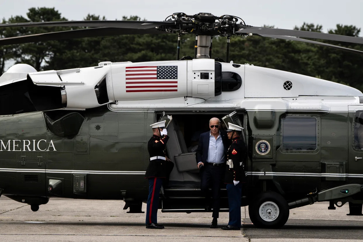 President Joe Biden arrives on Marine One at East Hampton Airport in East Hampton NY on Saturday June 29 2024 Haiyun JiangThe New York Times