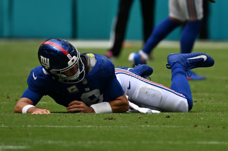 New York Giants starting quarterback Daniel Jones sustained a season-ending knee injury in Week 9. File Photo by Larry Marano/UPI