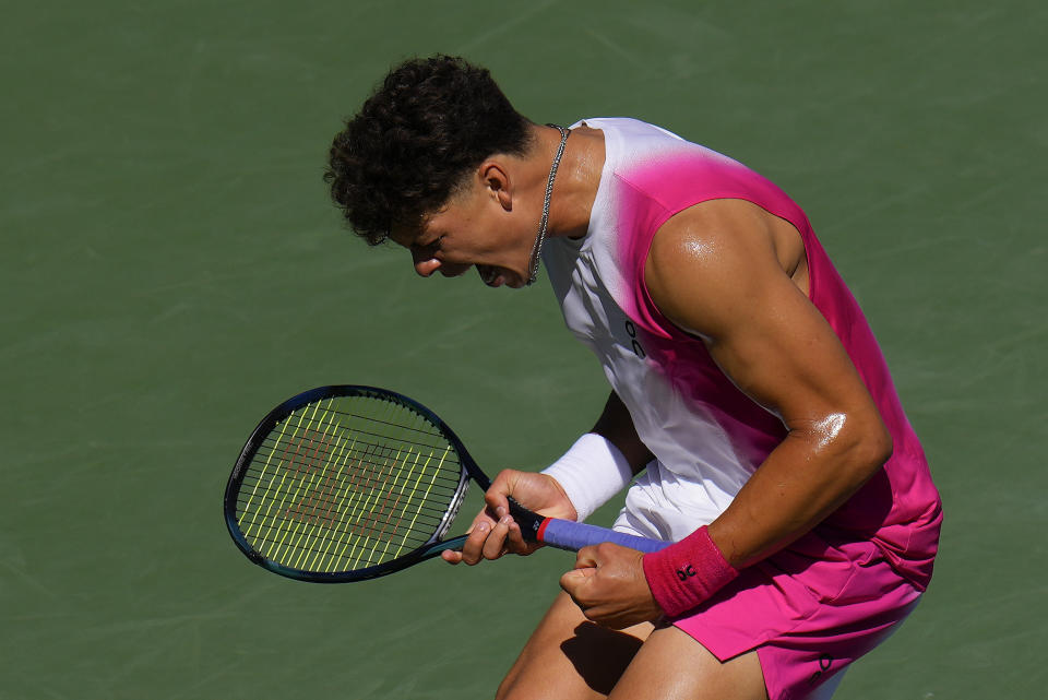 Ben Shelton, of the United States, reacts during a match against Aslan Karatsev, of Russia, during the third round of the U.S. Open tennis championships, Friday, Sept. 1, 2023, in New York. (AP Photo/Manu Fernandez)