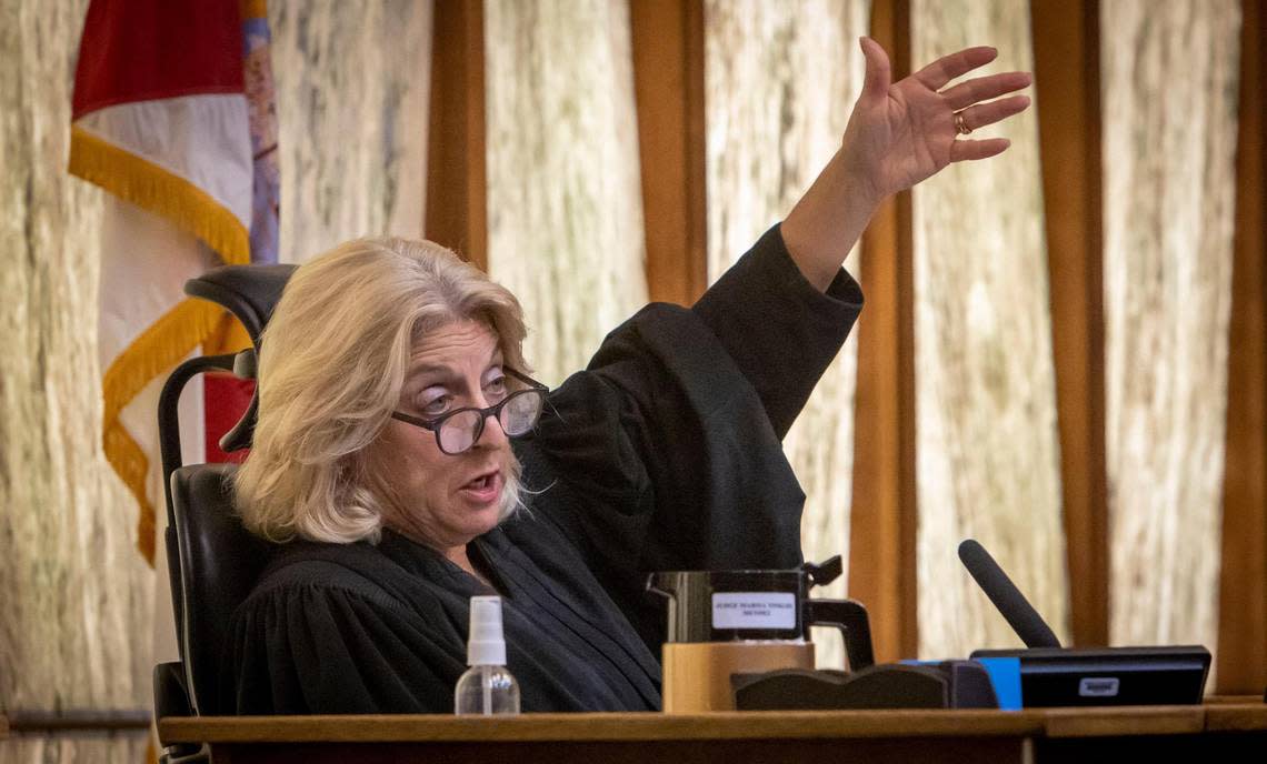 Judge Marisa Tinkler Mendez speaks to defense and prosecuting attorneys during pretrial motions on Tuesday, Sept. 20, 2022, the first day of jury selection in Miami-Dade Criminal Court. Mexican actor Pablo Lyle is accused of killing a motorist in a road-rage incident.