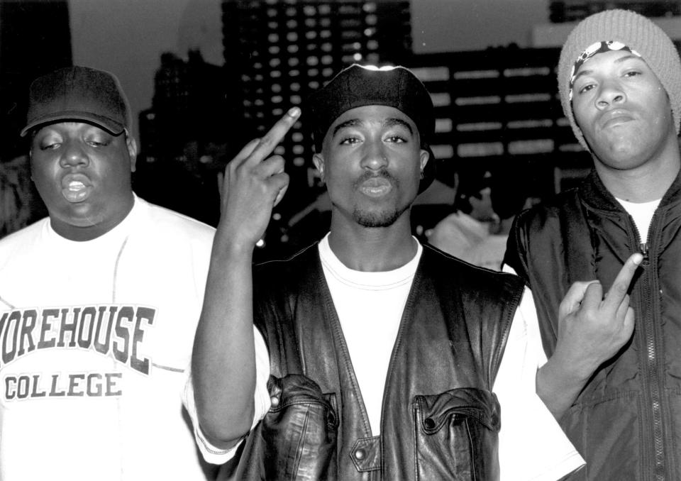 Rappers Notorious B.I.G., Tupac Shakur and Redman pose for a portrait at Club Amazon on July 23, 1993 in New York, New York.