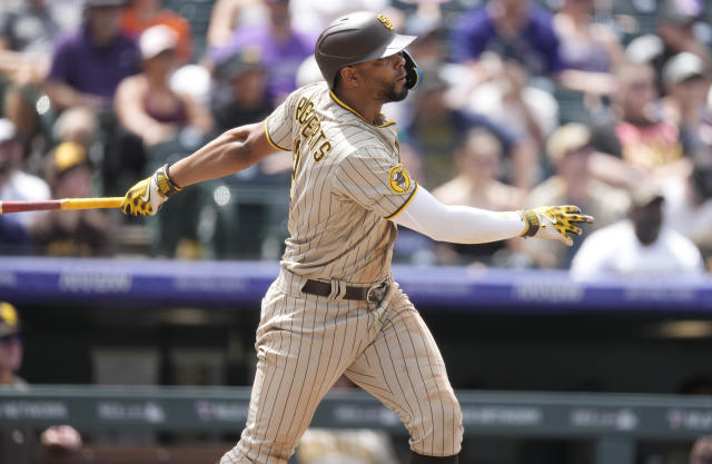 Xander Bogaerts of the San Diego Padres runs after hitting a double in  2023