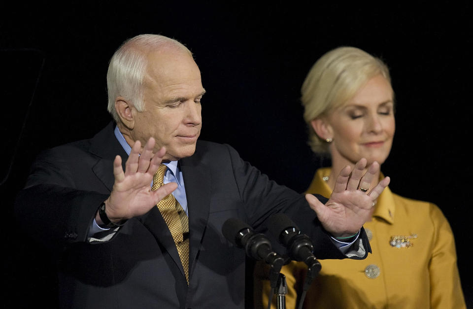 John McCain addresses supporters during his election night rally on Nov. 4, 2008, in his hometown of Phoenix. McCain conceded the race to his Democratic opponent, Barack Obama. (Photo: Jim Watson/AFP/Getty Images)