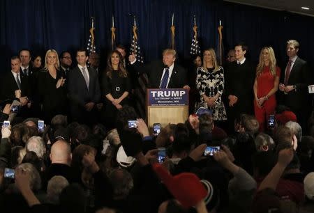 Republican U.S. presidential candidate Donald Trump speaks at his 2016 New Hampshire presidential primary election night rally in Manchester, New Hampshire, February 9, 2016. REUTERS/Mike Segar