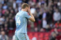 Coventry City's Benjamin David Sheaf reacts during a penalty shootout at the end of the English FA Cup semifinal soccer match between Coventry City and Manchester United at Wembley stadium in London, Sunday, April 21, 2024. (AP Photo/Alastair Grant)