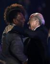 Former Brazil soccer player Pele (L) greets FIFA President Sepp Blatter during the draw for the 2014 World Cup at the Costa do Sauipe resort in Sao Joao da Mata, Bahia state, December 6, 2013. REUTERS/Ricardo Moraes