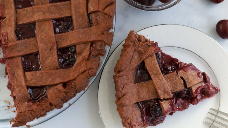 cherry cocoa pie whole and slice