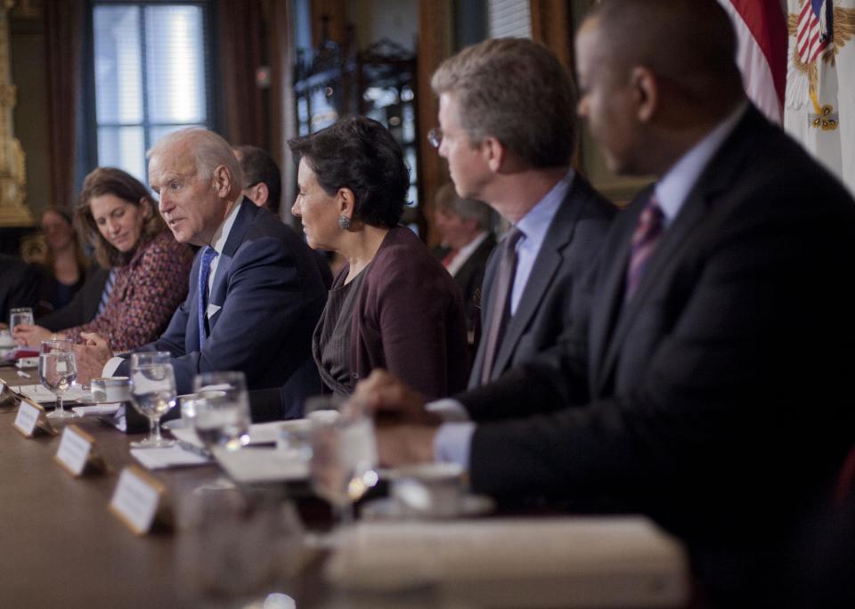 Vice President Joe Biden, second from the left, meets with members of the Cabinet in the Old Executive Office Building on the White House campus in Washington, Thursday, Feb. 20, 2014. From left are, Budget Director Sylvia Burwell, Biden, Commerce Secretary Penny Pritzker, Housing and Urban Development Secretary Shaun Donovan, and Transportation Secretary Anthony Foxx. Biden discussed ways to identify job skills that match the demands of American companies. (AP Photo/Pablo Martinez Monsivais)