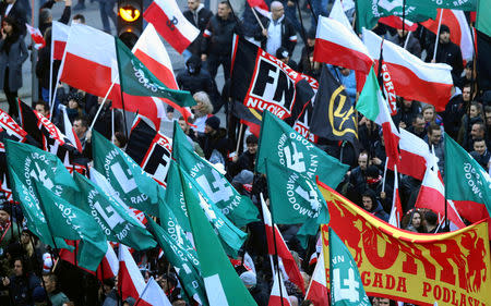 People carry flags of Italian far-right party Forza Nuova and Polish far-right movement National Radical Camp (ONR) during a march marking the 100th anniversary of Polish independence in Warsaw, Poland November 11, 2018. Agencja Gazeta/Kuba Atys via REUTERS