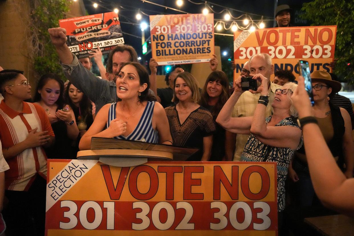 Dawn Penich-Thacker on May 16, 2023, speaks to members of the opposition campaign to Tempe's proposal to build a new Coyotes arena in the city