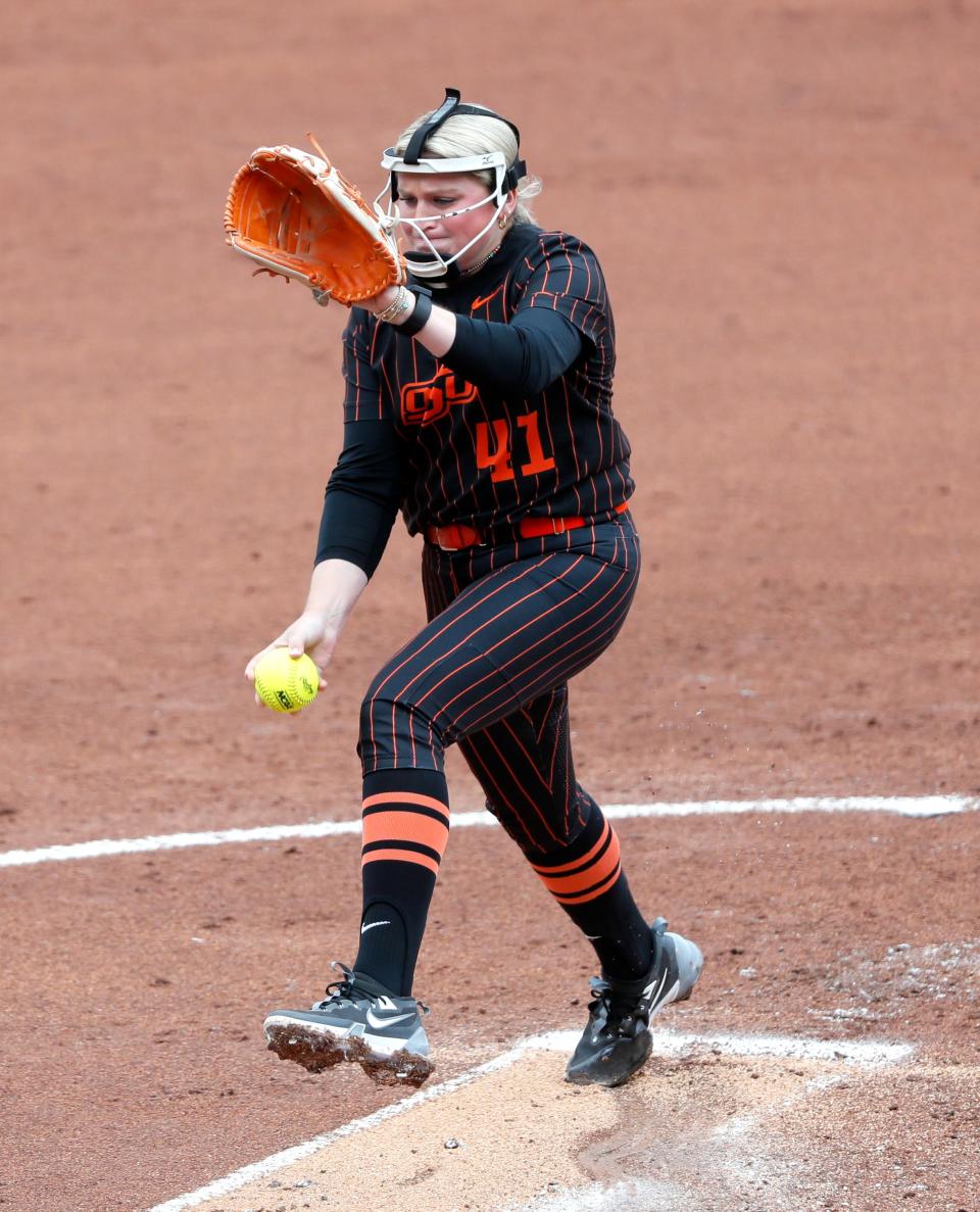 Oklahoma State's Ivy Rosenberry (41) throws a pitch during the Bedlam college softball game between the University of Oklahoma Sooners and the Oklahoma State University Cowgirls at Love's Field in Norman, Okla., Sunday, May, 5, 2024.