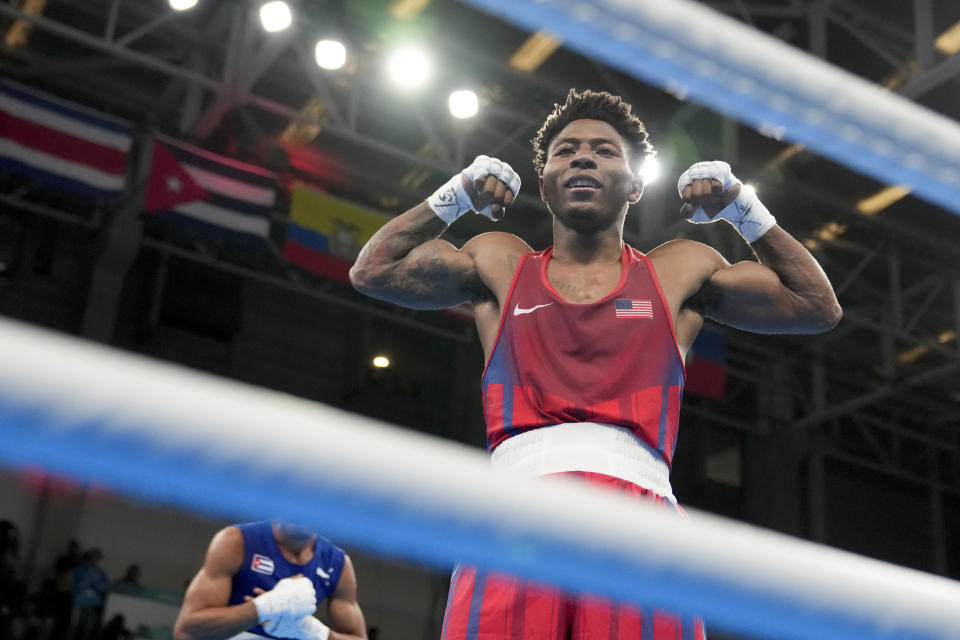FILE - Jahmal Harvey of the United States celebrates defeating Cuba's Saidel Horta in a men's boxing 57kg final bout at the Pan American Games in Santiago, Chile, Friday, Oct. 27, 2023. (AP Photo/Martin Mejia, File)