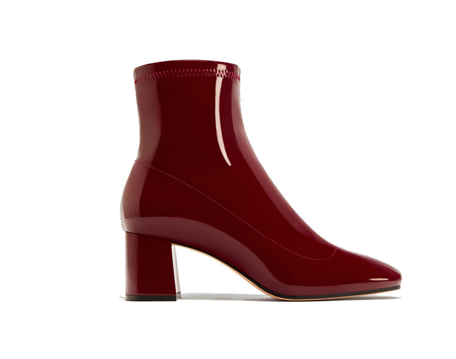 <p><a rel="nofollow noopener" href="https://www.zara.com/ie/en/woman/shoes/view-all/high-heel-faux-patent-ankle-boots-c734142p4666042.html" target="_blank" data-ylk="slk:Zara;elm:context_link;itc:0;sec:content-canvas" class="link ">Zara</a> – £39.95 </p>