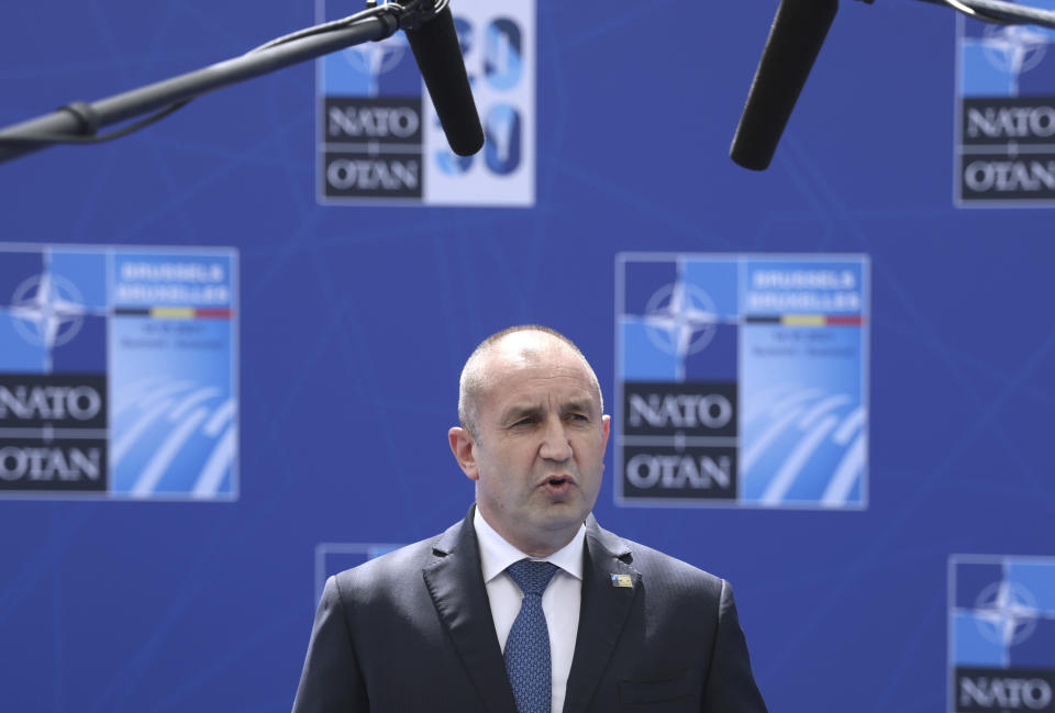 Bulgaria's President Rumen Radev arrives for a NATO summit at NATO headquarters in Brussels, Monday, June 14, 2021. U.S. President Joe Biden is taking part in his first NATO summit, where the 30-nation alliance hopes to reaffirm its unity and discuss increasingly tense relations with China and Russia, as the organization pulls its troops out after 18 years in Afghanistan. (Kenzo Tribouillard, Pool via AP)