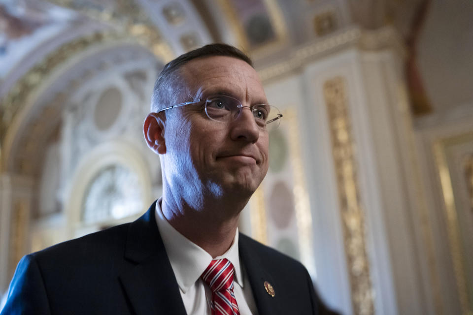 FILE- In this Jan. 29, 2020 file photo, Rep. Doug Collins, R-Georgia, the ranking member of the House Judiciary Committee, at the Capitol in Washington, Wednesday, Jan. 29, 2020. Both Sen. Kelly Loeffler and Rep. Doug Collins were in the audience as Trump spoke for more than an hour at the White House, where the 2020 election rivals were among a number of GOP lawmakers the president thanked by name for supporting him throughout his impeachment that ended with his acquittal Wednesday by the Senate. (AP Photo/J. Scott Applewhite, File)