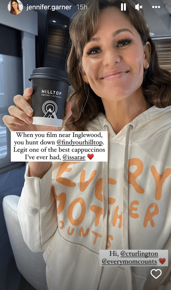 <p>The actress gave a special shoutout to Hilltop Coffee + Kitchen on Friday. <a href="https://people.com/tag/jennifer-garner/" rel="nofollow noopener" target="_blank" data-ylk="slk:Garner;elm:context_link;itc:0;sec:content-canvas" class="link ">Garner</a> shared a smiley selfie on her Instagram Story to show off "legit one of the best cappuccinos I've ever had" and tagged actress <a href="https://people.com/tag/issa-rae/" rel="nofollow noopener" target="_blank" data-ylk="slk:Issa Rae.;elm:context_link;itc:0;sec:content-canvas" class="link ">Issa Rae.</a> (The California chain is co-owned by the <em>Insecure </em>writer, actress and producer.)</p>