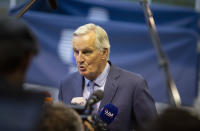 European Union chief Brexit negotiator Michel Barnier speaks with the media as he arrives for a meeting of EU General Affairs ministers, Article 50, at the European Convention Center in Luxembourg, Tuesday, Oct. 15, 2019. European Union chief Brexit negotiator Michel Barnier is in Luxembourg on Tuesday to brief ministers on the state of play for Brexit. (AP Photo/Virginia Mayo)