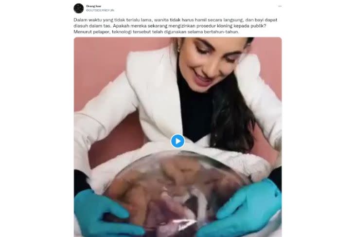 Unggahan video hoaks yang menyebut perempuan tidak perlu hamil untuk punya anak, berkat teknologi kloning. Faktanya, video itu merupakan hasil rekayasa dari pembuat konten Mariane Carolina Rossi asal Brazil. (Twitter)