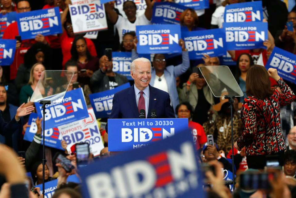 Democratic presidential candidate former Vice President Joe Biden speaks during a campaign rally at Renaissance High School in Detroit on March 9, 2020.