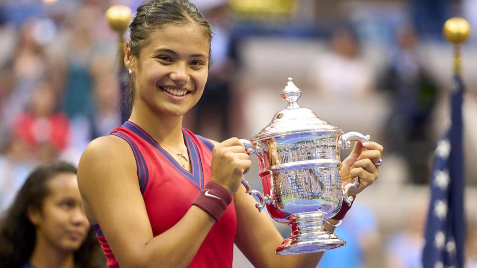 Emma Raducanu, pictured here celebrating after winning the US Open.