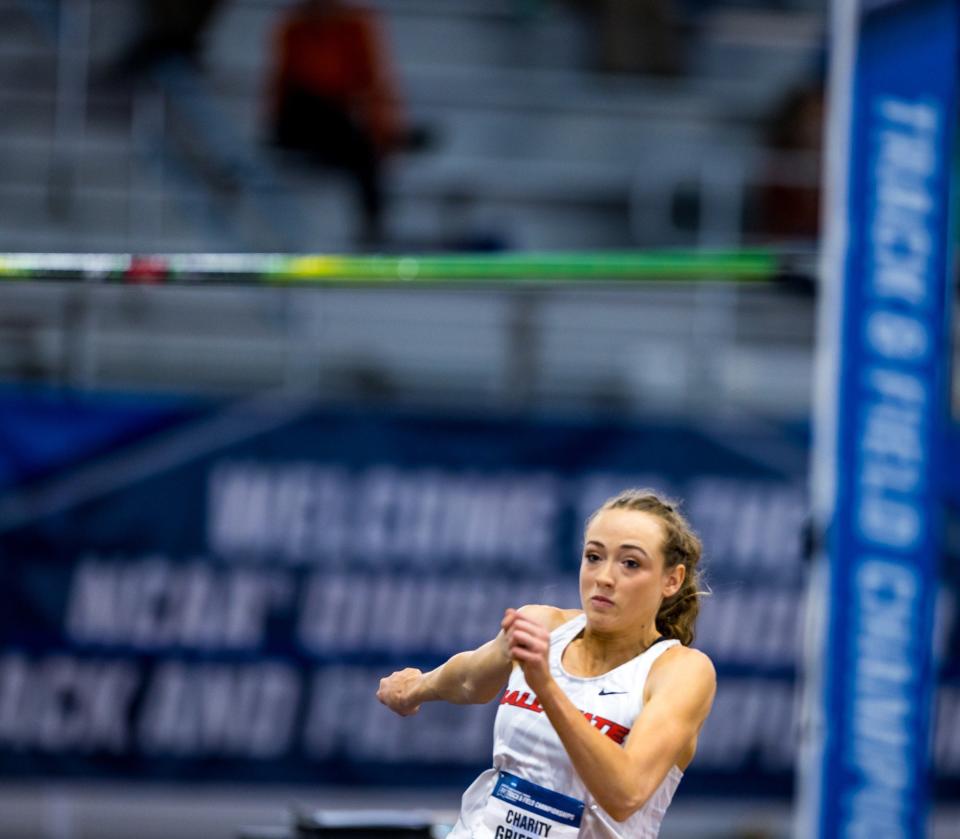 Ball State's Charity Griffith competes in the 2022 NCAA Indoor Championship in Birmingham, Alabama. Griffith earned All-American honors in the high jump and pentathlon.