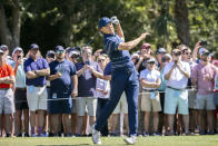 Jordan Spieth reacts to his drive off the ninth tee during the second round of the RBC Heritage golf tournament, Friday, April 15, 2022, in Hilton Head Island, S.C. (AP Photo/Stephen B. Morton)