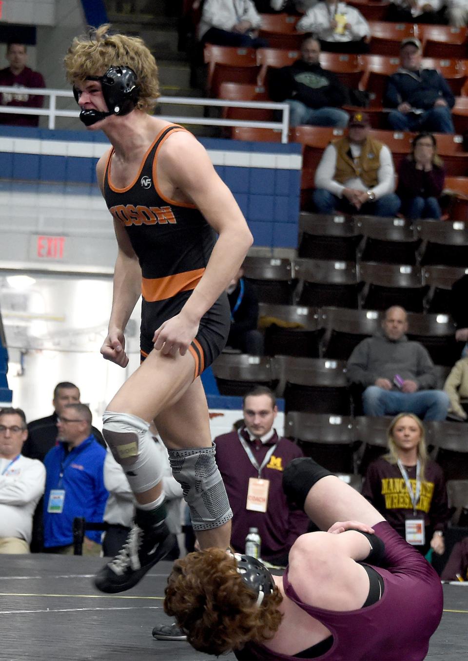 144	Coy Perry (Hudson) over Blake Sloan (Manchester) Dec 3-0 
In the Division 4 state team semifinals held at the Wings Event Center in Kalamazoo Friday, Feb. 23, 2024.