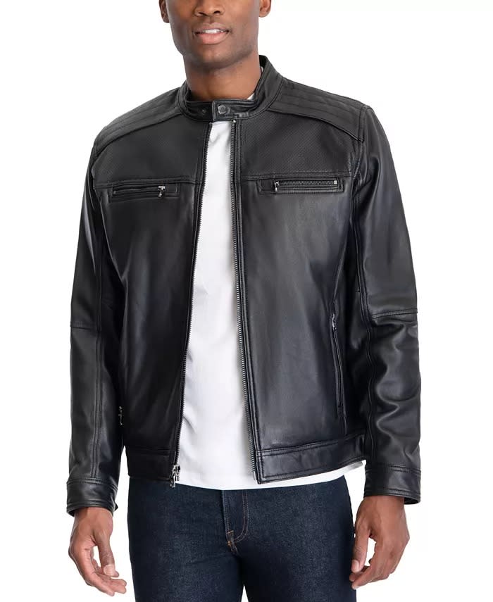 Black cafe racer moto jacket that zips up the front from michael kors