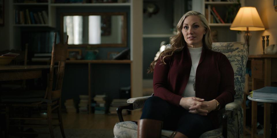 Rebecca Wall Musser sits on an armchair in her home during an interview with the makers of the Netflix documentary series. "Keep Sweet: Pray and Obey."
