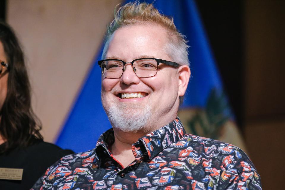 Steven Smith, a high school art teacher at Life Ready Center in Lawton Public Schools, gathers Wednesday, Oct. 12, 2022, with 11 other finalists for 2023 Oklahoma Teacher of the Year at the Oklahoma History Center in Oklahoma City.