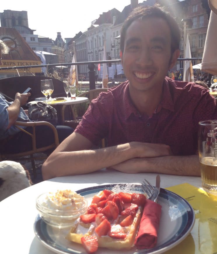 Bryce enjoying Belgian waffles in...Belgium. 