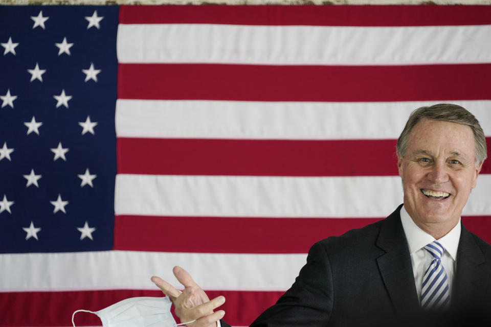 FILE - In this Oct. 13, 2020, file photo, Sen. David Perdue, R-Ga., speaks during a campaign event in Acworth, Ga. (AP Photo/Brynn Anderson, File)