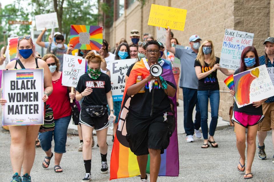 Rainbow Rose Center Vice President Maria McCargo Gable leads a march in support of the Black Lives Matter movement and the LGBTQ community, Saturday, June 27, 2020, in York.
