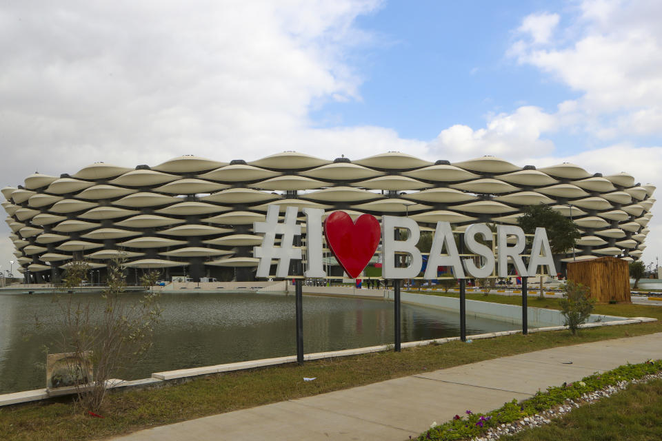 A newly built stadium that will host Arab Gulf Cup is see in Basra, Thursday, Jan. 5, 2023. The 25th edition of the Arabian Gulf Cup will be held in the city of Basra, the first time the turmoil-wracked country will host the tournament since 1979. (AP Photo/Nabil al-Jurani)i)