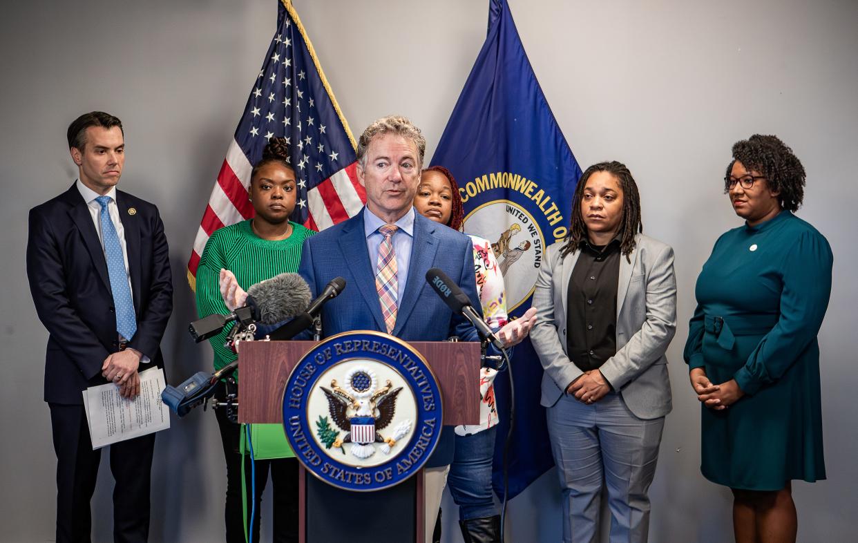 U.S. Sen. Rand Paul, R-Ky., speaks during a press conference to introduce the "Justice for Breonna Taylor Act," which would prohibit no-knock warrants on the federal level. Joining him, from left, are U.S. Rep. Morgan McGarvey, D-Ky.; Taylor's aunt, Bianca Austin; Taylor's mother, Tamika Palmer; state Rep. Keturah Herron, D-Louisville; and Amber Duke, executive director, ACLU of Kentucky. March 11, 2024
