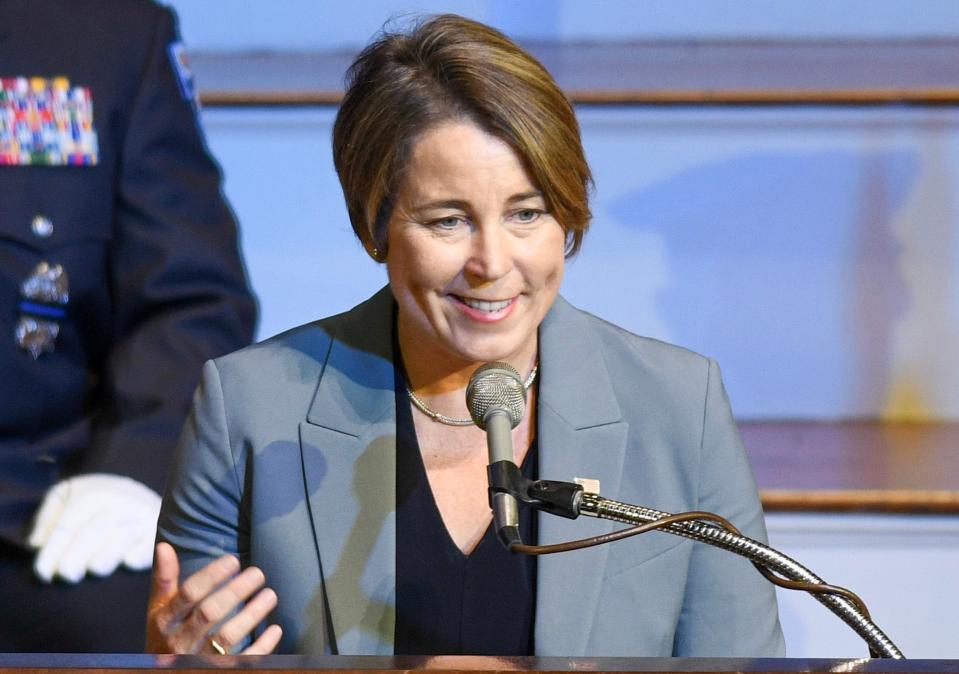 WORCESTER - Gov. Maura T. Healey speaks during the 40th Annual Trooper George L. Hanna Memorial Awards For Bravery at Mechanics Hall Tuesday, October 10, 2023.