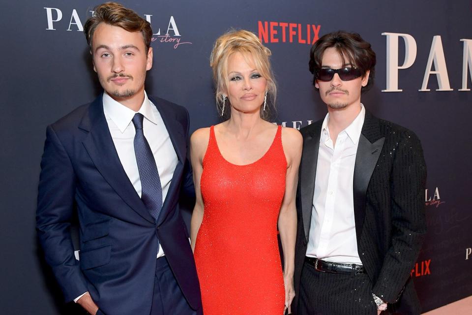 Brandon Thomas Lee, Pamela Anderson, and Dylan Jagger Lee attend Netflix's 'Pamela, a love story' Los Angeles Premiere