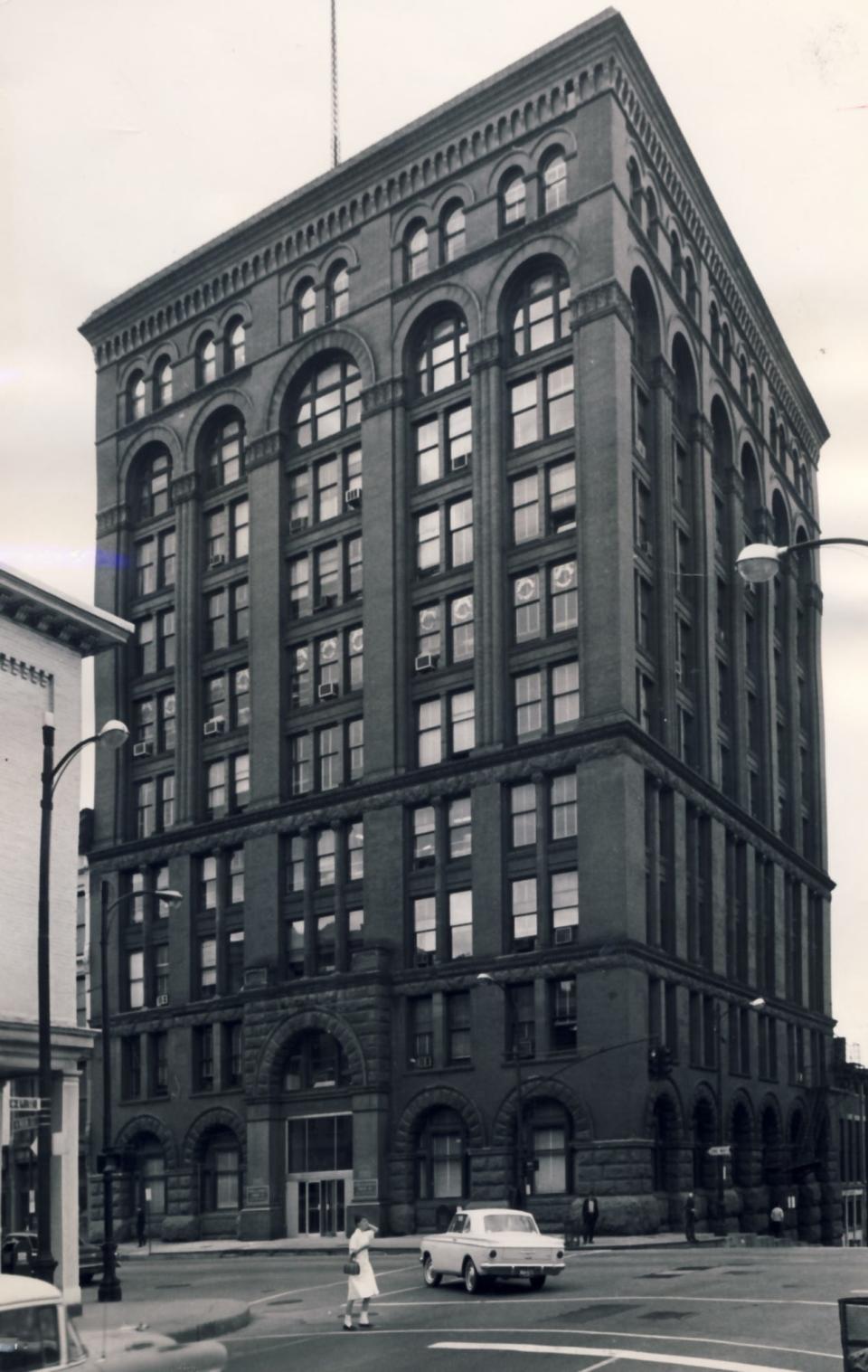 April 10, 1965 - Louisville's first "skyscraper," the 10-story Columbia Building was located at Fourth and Main streets. Erected in 1890, the building was purchased by the City Urban Renewal Agency to make way for an apartment-commercial complex in the Downtown Riverfront Project.