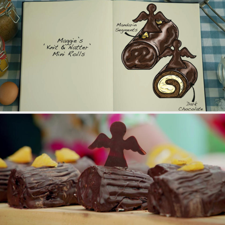 Maggie's mini rolls decorated with mandarin segments and dark chocolate angels side by side with their drawing