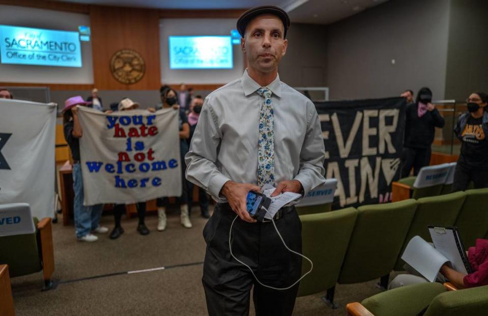 Ryan Messano did not get to speak at Sacramento City Council meeting on Tuesday, May 23, 2023, after protesters stormed the chamber shouting “Go home Nazis” toward him and his group. Messano made antisemitic remarks at a previous Sacramento City Council meeting.