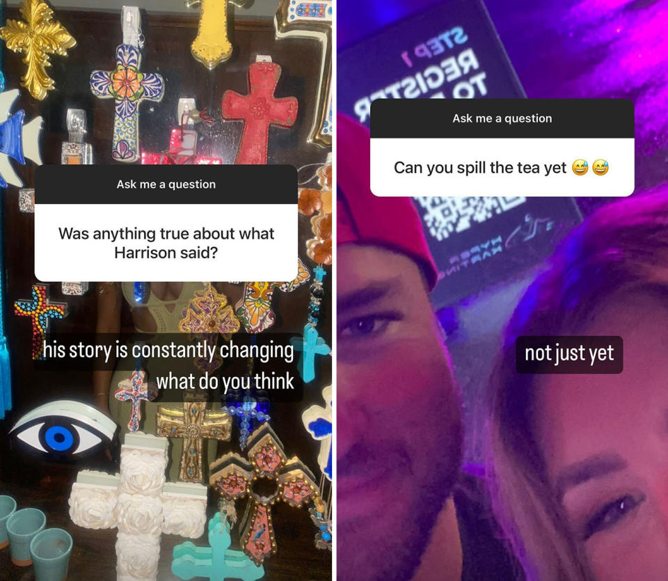 L: A snap of colourful crosses on Abby Miller's Instagram story. R: A close up photo of Harrison Boon and Abby Miller on Abby's Instagram story