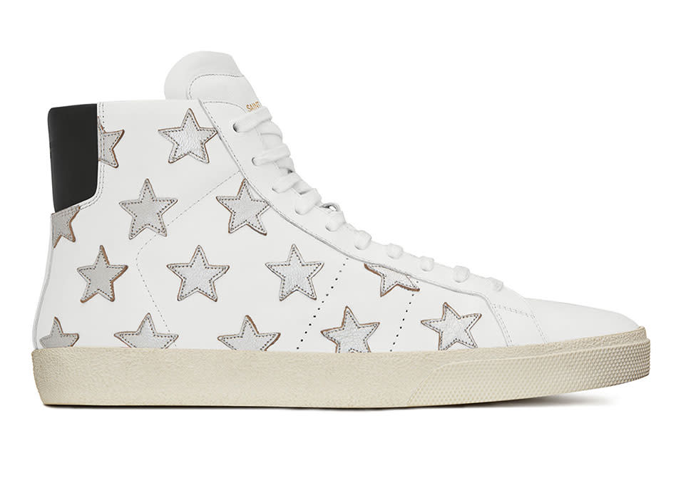 Saint Laurent Signature California Mid Top Sneaker in Optic White and Black Leather and Silver Metallic Leather