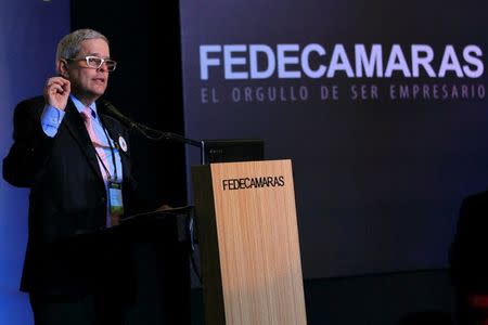 Carlos Larrazabal, recently elected president of Fedecamaras, Venezuela's main business union, speaks during the annual assembly of the guild in Maracaibo, Venezuela July 18, 2017. Picture taken July 18, 2017. REUTERS/Isaac Urrutia