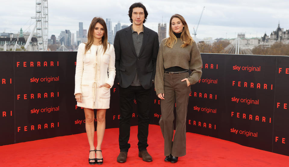 Penélope Cruz, Chanel, heels, high heels, platforms, platform sandals, sandals, black sandals, black heels, dress, white dress, tweed dress, handbag, black bag, quilted bag, red carpet, celebrity red carpet, Ferrari, London, Adam Driver, Shailene Woodley