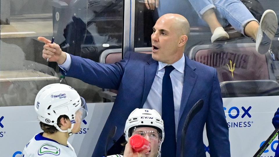 Rick Tocchet let his Canucks have it after they lost to the Philadelphia Flyers on Tuesday. (Matt Kartozian-USA TODAY Sports)