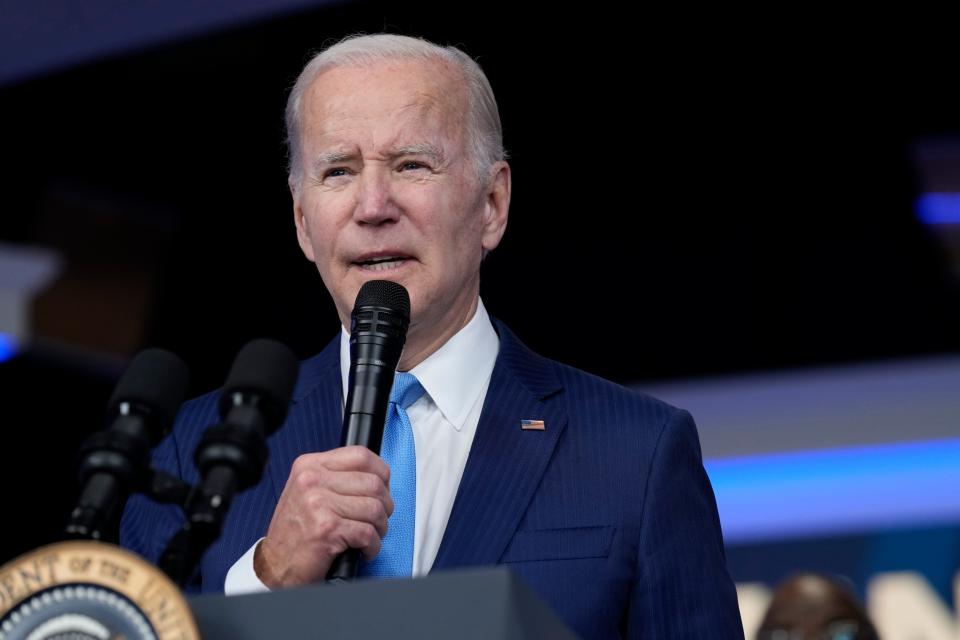 President Joe Biden speaks in the South Court Auditorium on the White House complex in Washington, Dec. 8, 2022. Biden is set to sign legislation into law Tuesday protecting same-sex and interracial marriages.