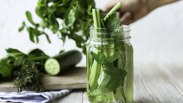 Celery and other green vegetables in jar of water