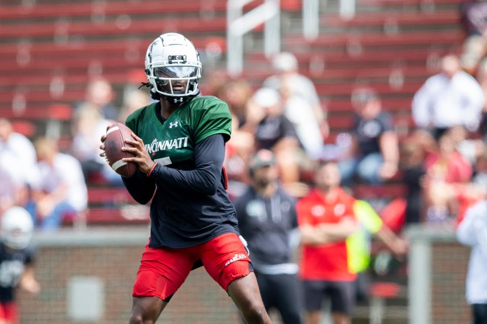 Cincinnati Bearcats quarterback Emory Jones (5) prepares to pass the ball during the Cincinnati Bearcats spring scrimmage at Nippert Stadium on Saturday, April 15, 2023.